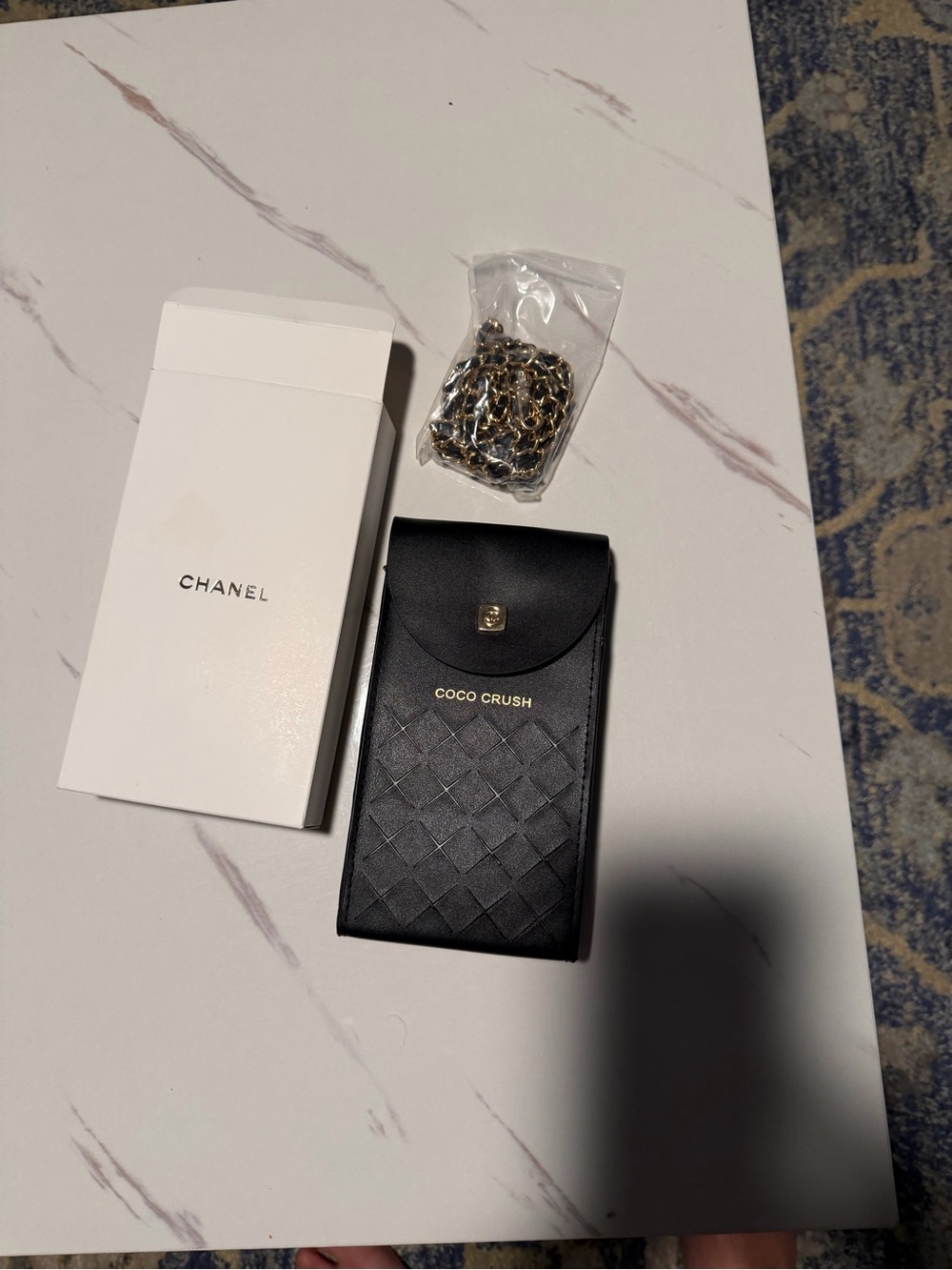 New in box CHANEL GWP Black Coco Crush faux learher Phone Case with Gold Chain
